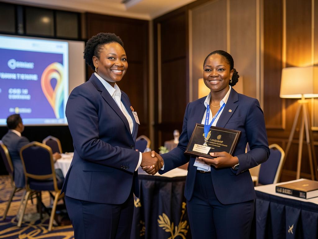 Femme d'affaires présentant devant un public international
